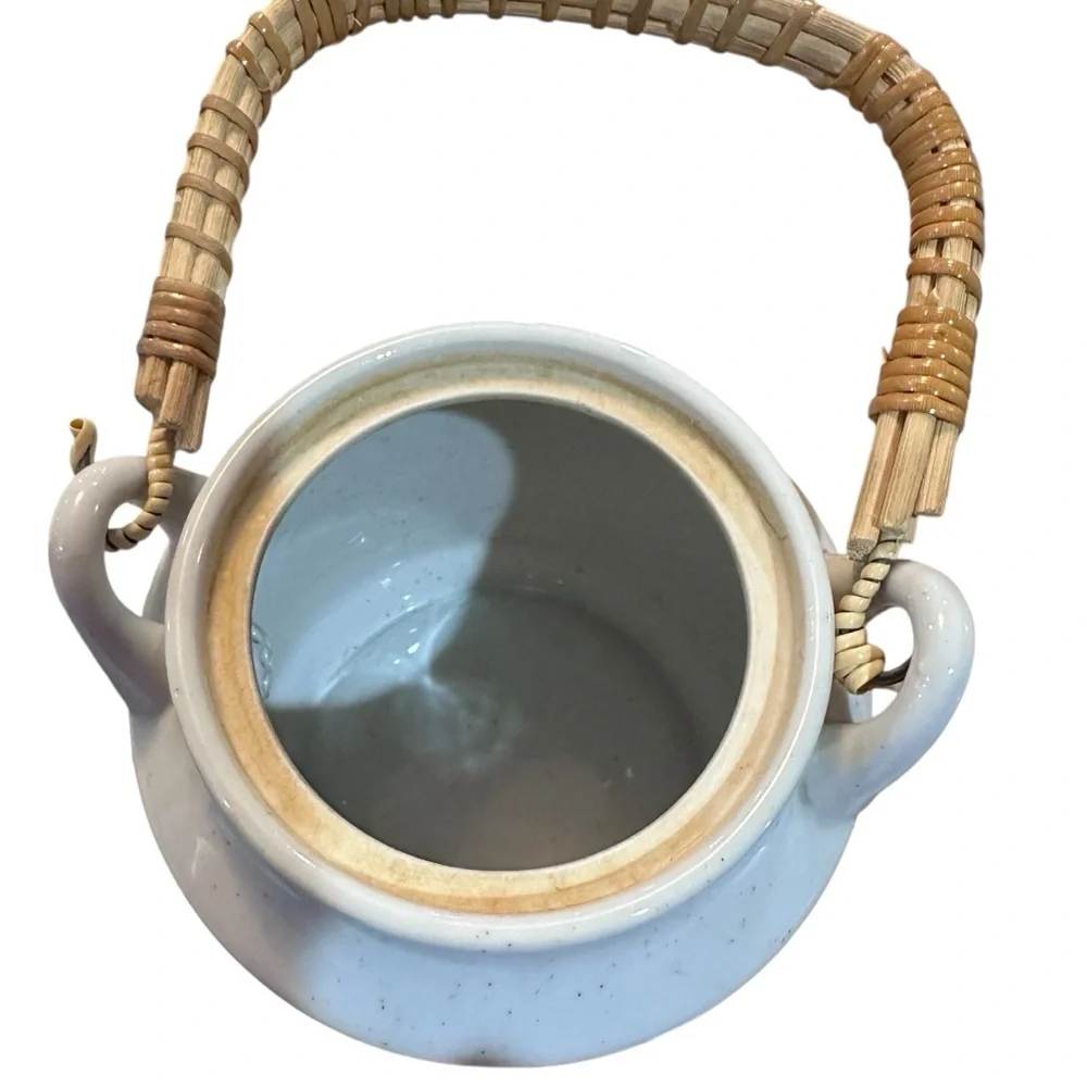 Vintage Style Ceramic Teapot Set with 6 Cups Tree‎ Pattern Woven Handle rustic